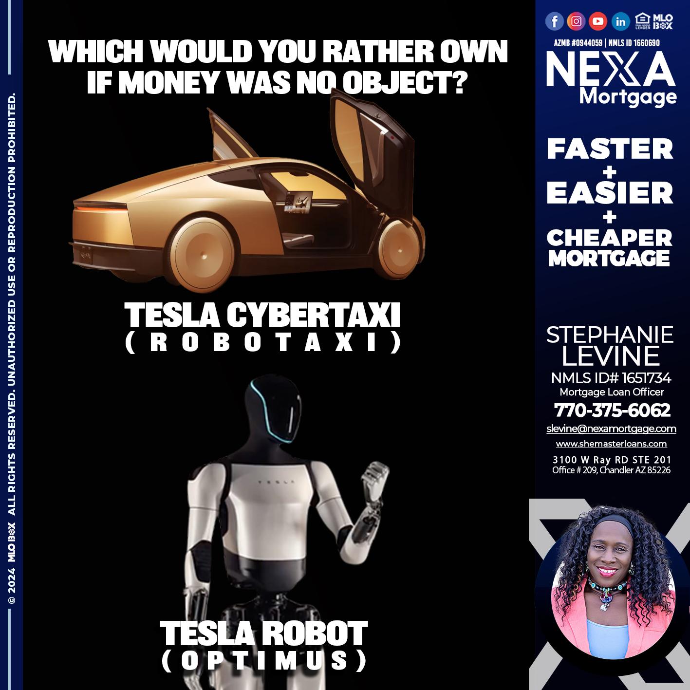 tesla cyber taxy vs tesla robot? - Stephanie Levine -Mortgage Loan Officer