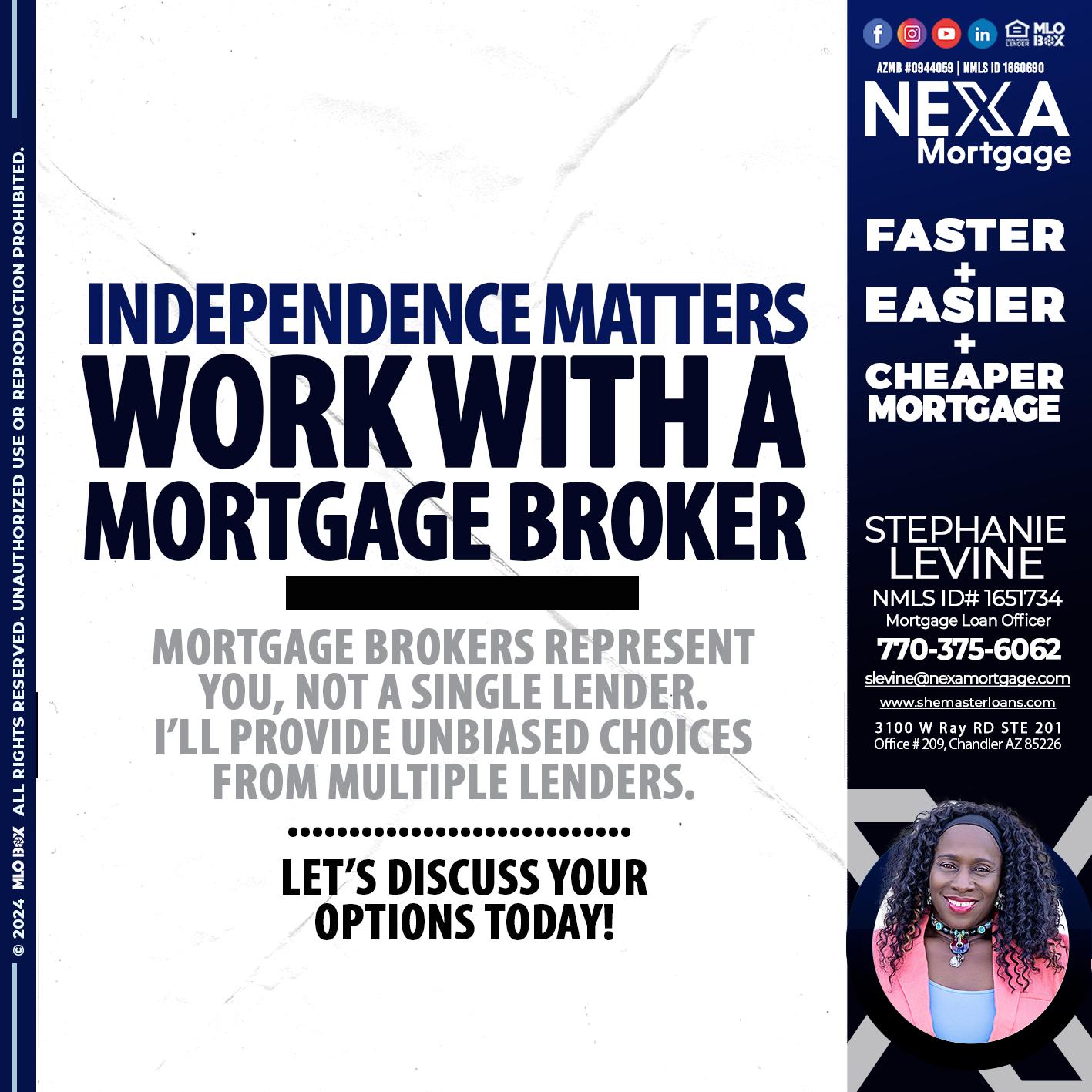 WORK WITH A BROKER - Stephanie Levine -Mortgage Loan Officer